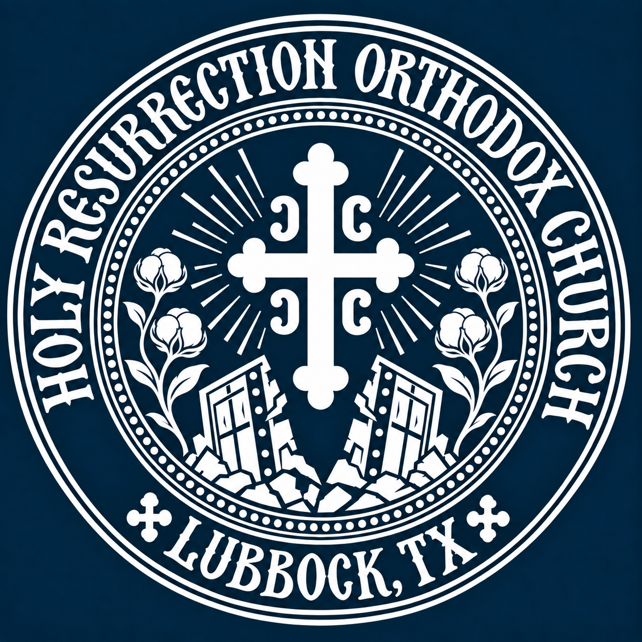 Proposed Holy Resurrection Orthodox Church seal: a Serbian cross above the broken gates of Hades, framed by cotton branches.
